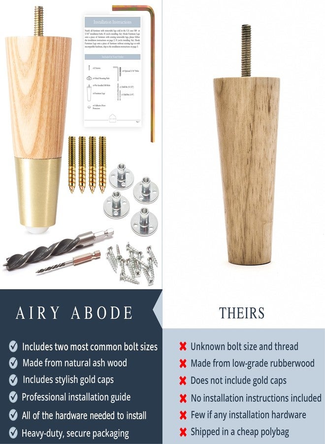Airy Abode Premium Ash Wood Furniture Legs with Gold Caps (Full Install Kit) - Pick Your Size and Color - Image 3